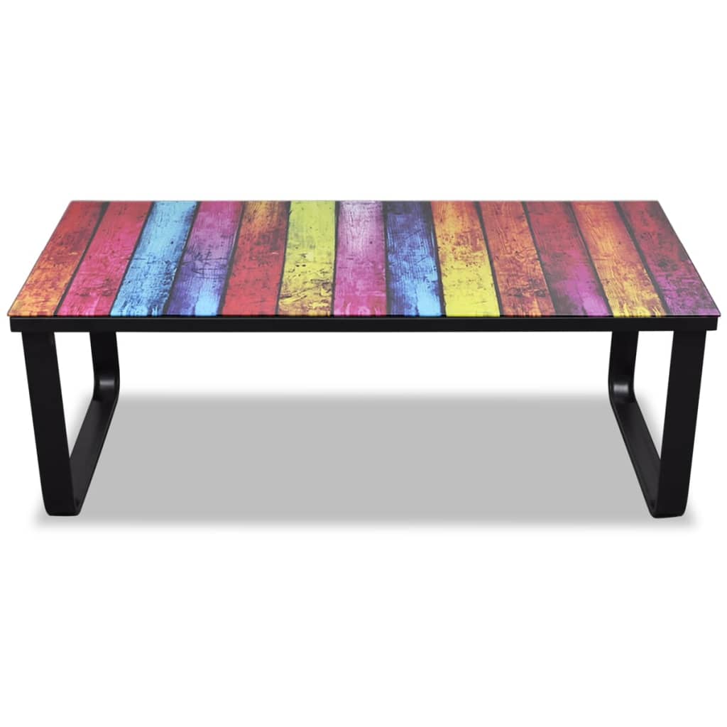 Table basse avec plateau en verre imprimé arc-en-ciel