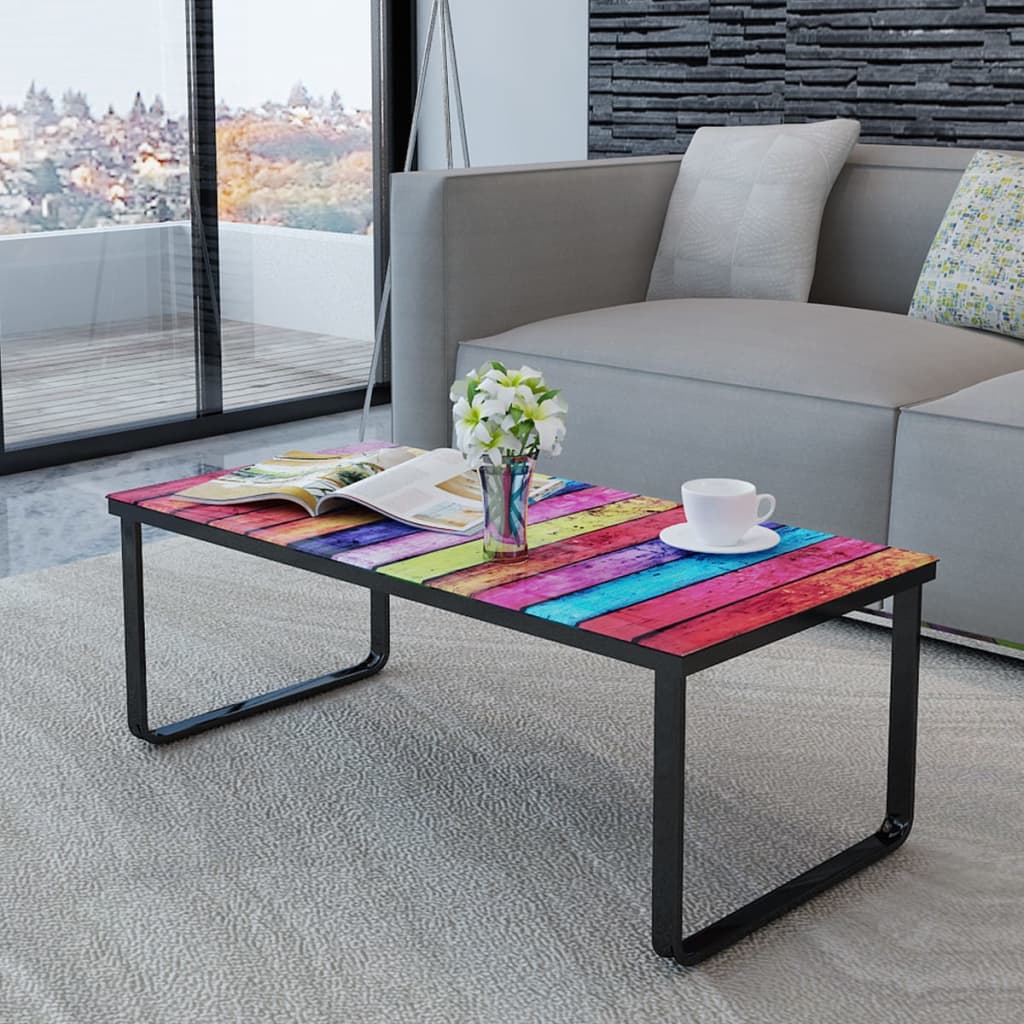 Table basse avec plateau en verre imprimé arc-en-ciel