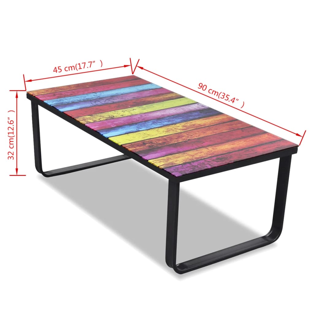 Table basse avec plateau en verre imprimé arc-en-ciel