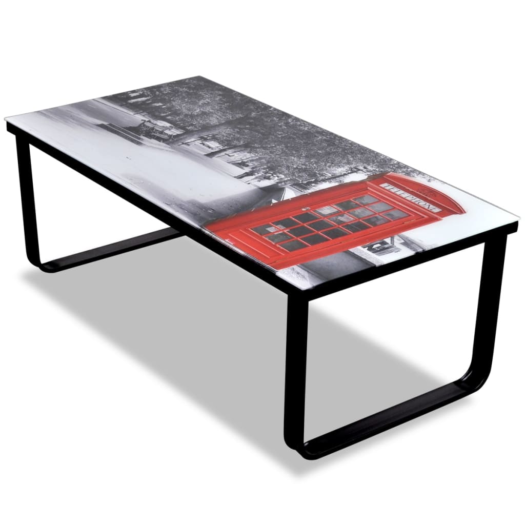Table basse avec plateau en verre et cabine téléphonique imprimée