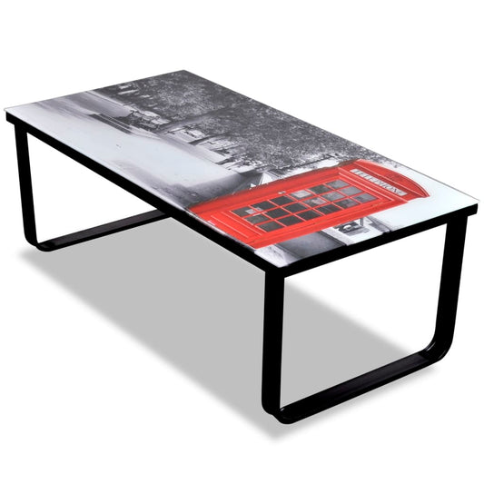 Table basse avec plateau en verre et cabine téléphonique imprimée