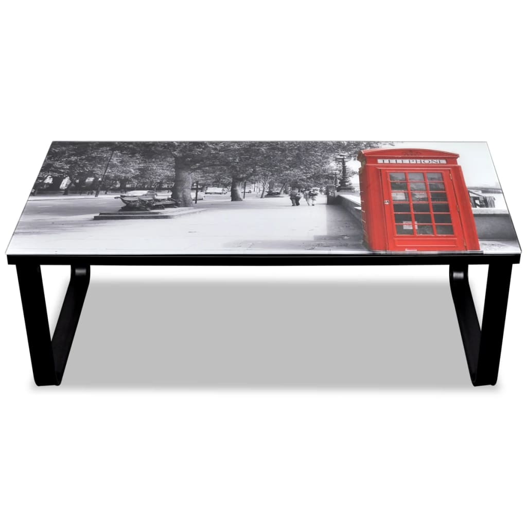 Table basse avec plateau en verre et cabine téléphonique imprimée