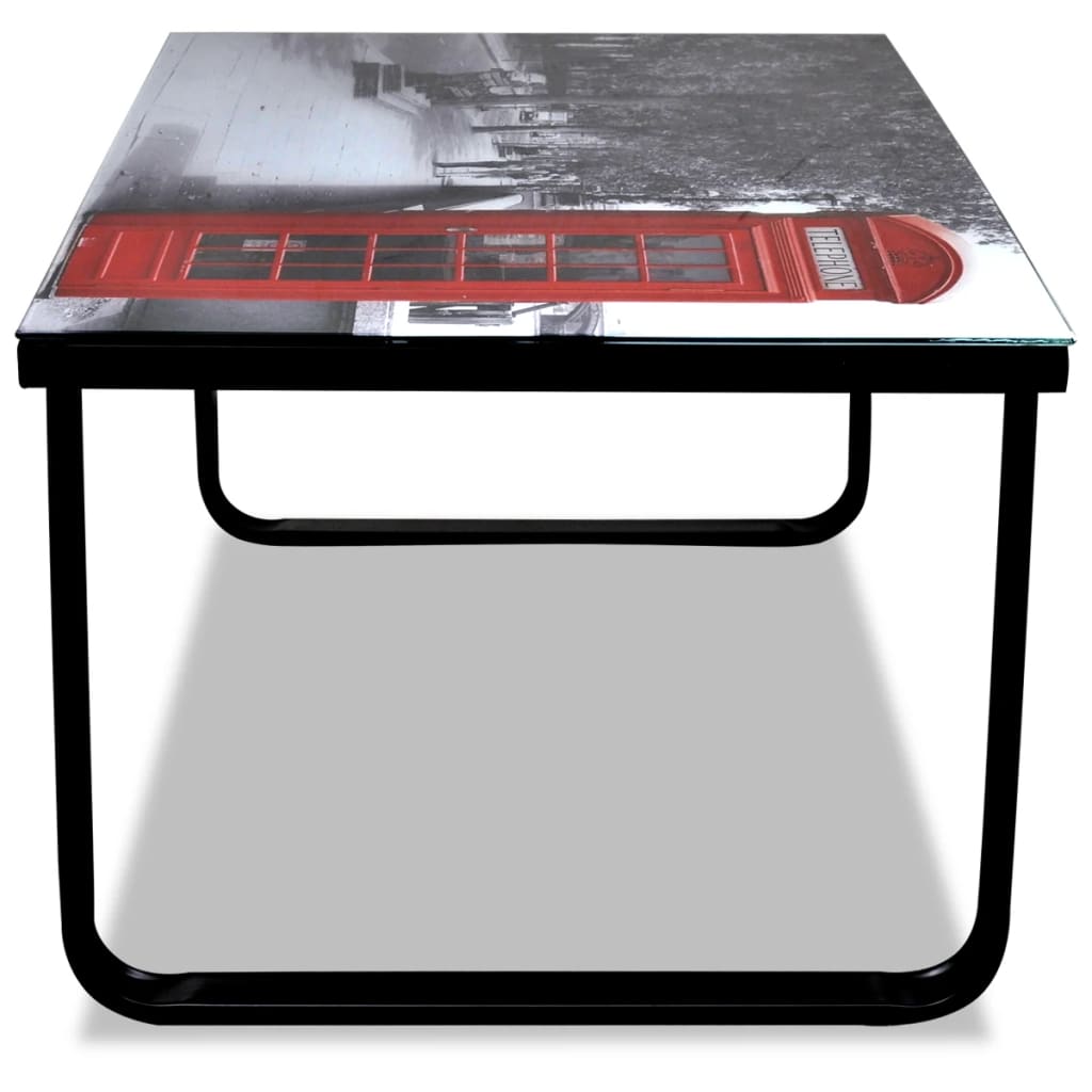 Table basse avec plateau en verre et cabine téléphonique imprimée