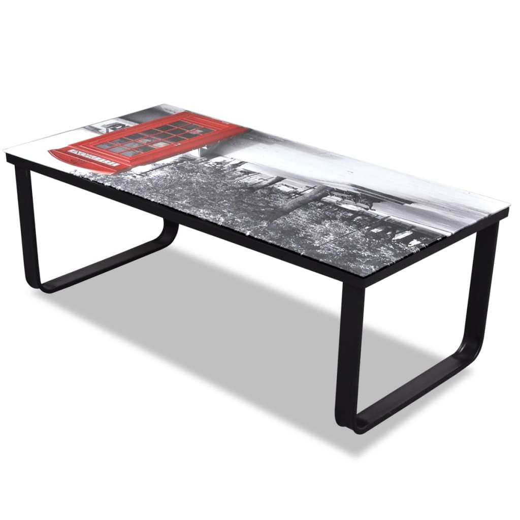 Table basse avec plateau en verre et cabine téléphonique imprimée