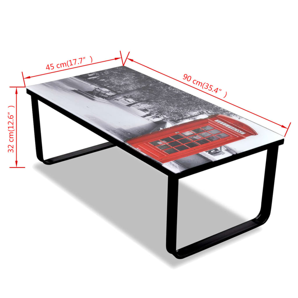 Table basse avec plateau en verre et cabine téléphonique imprimée