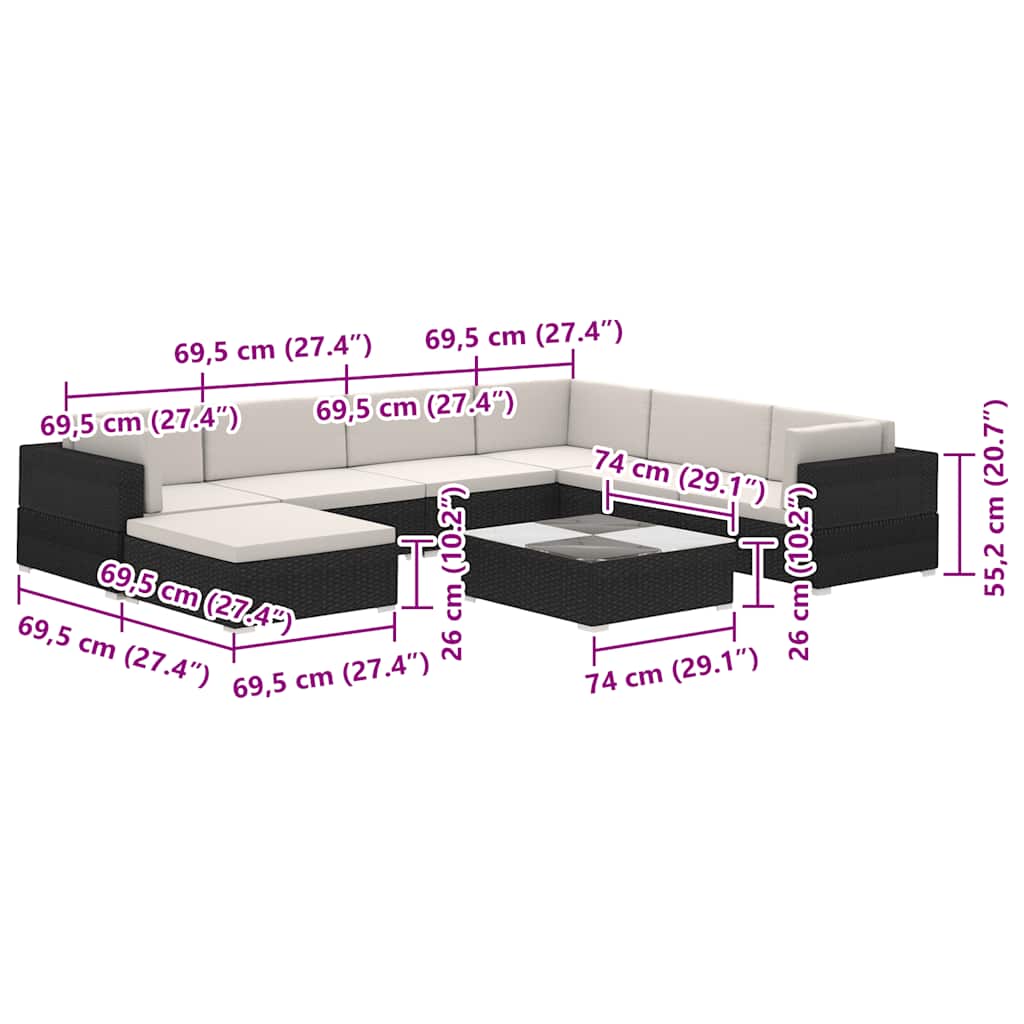 8-tlg. Garten-Lounge-Set mit Auflagen Poly Rattan Schwarz