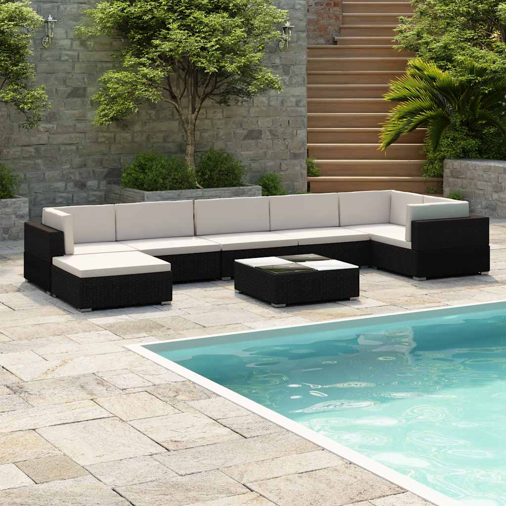 8-tlg. Garten-Lounge-Set mit Auflagen Poly Rattan Schwarz