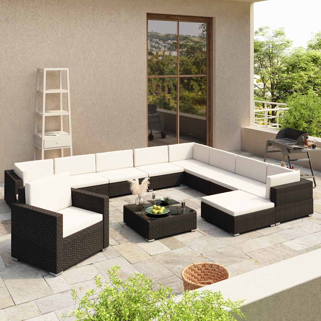 12-tlg. Garten-Lounge-Set mit Auflagen Poly Rattan Schwarz