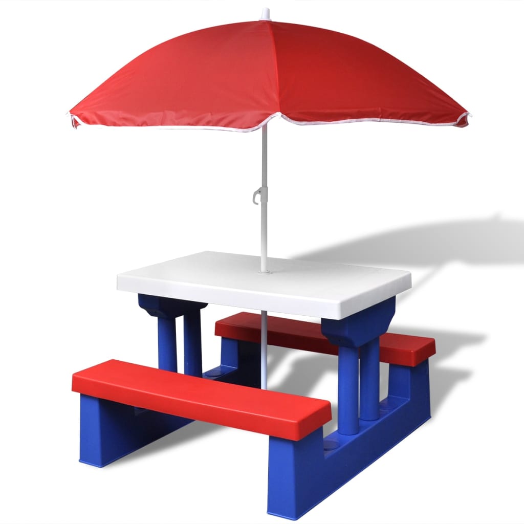 Table de pique-nique enfant avec bancs &amp; parasol multicolore