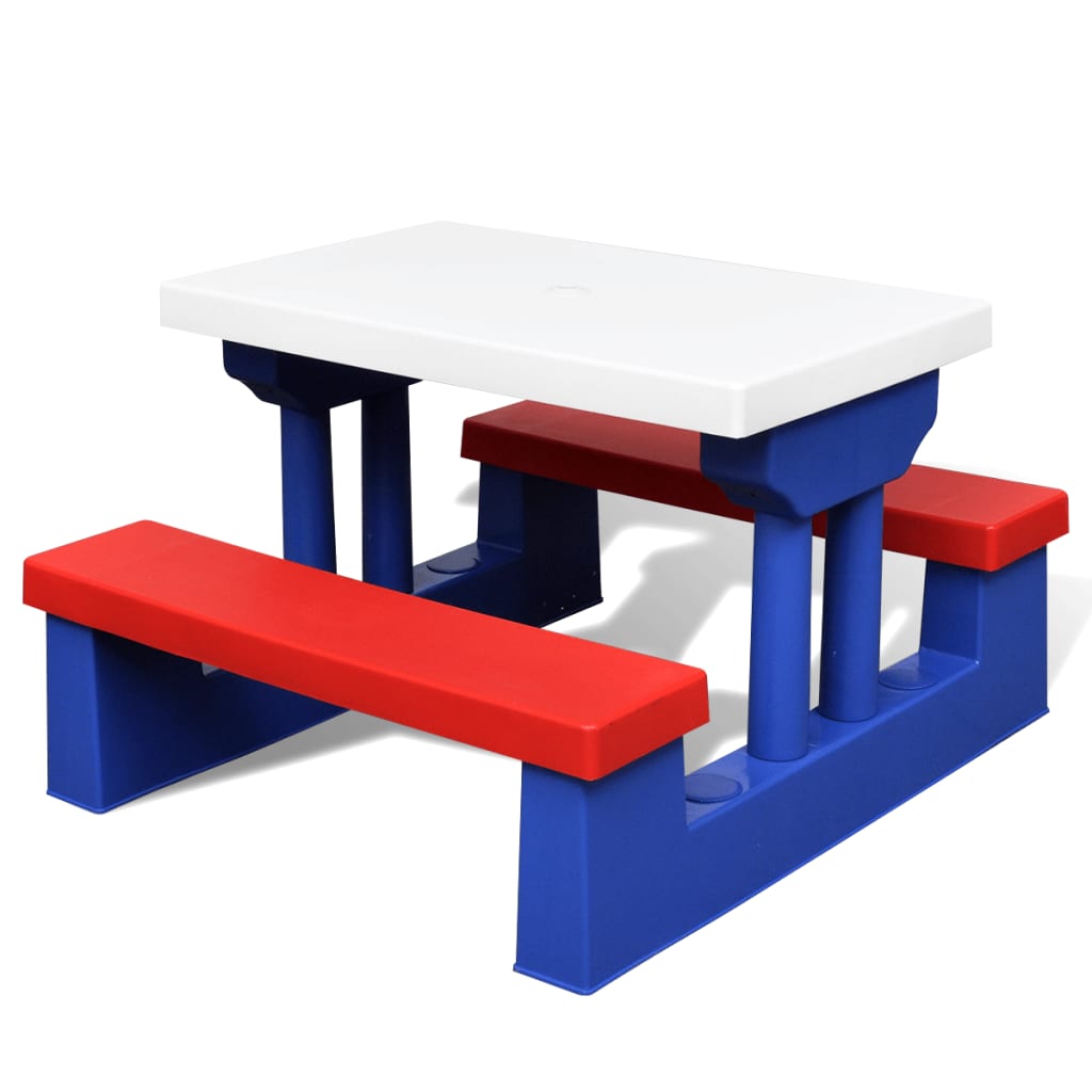 Table de pique-nique enfant avec bancs &amp; parasol multicolore