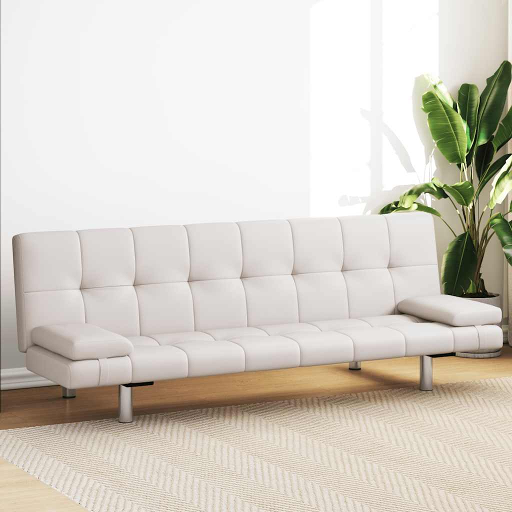 Schlafsofa mit 2 Kissen Kunstleder Ausziehbar Cremeweiß