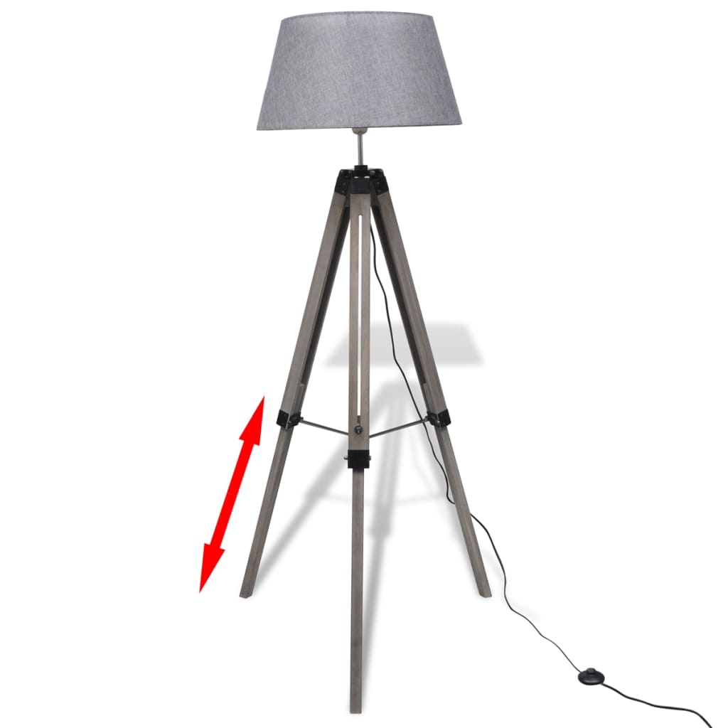 Verstellbare Stativ-Stehlampe aus Holz mit Stoffschirm Grau