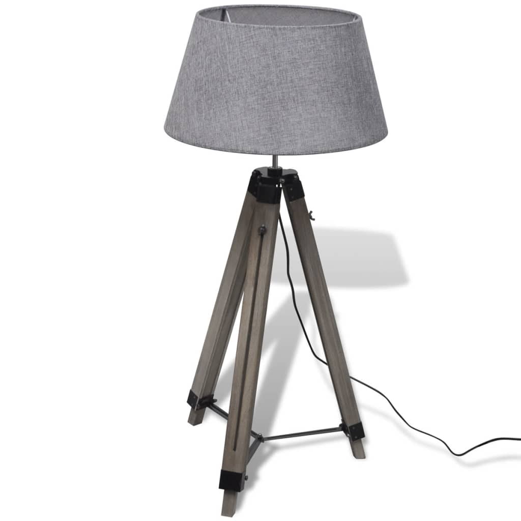 Verstellbare Stativ-Stehlampe aus Holz mit Stoffschirm Grau