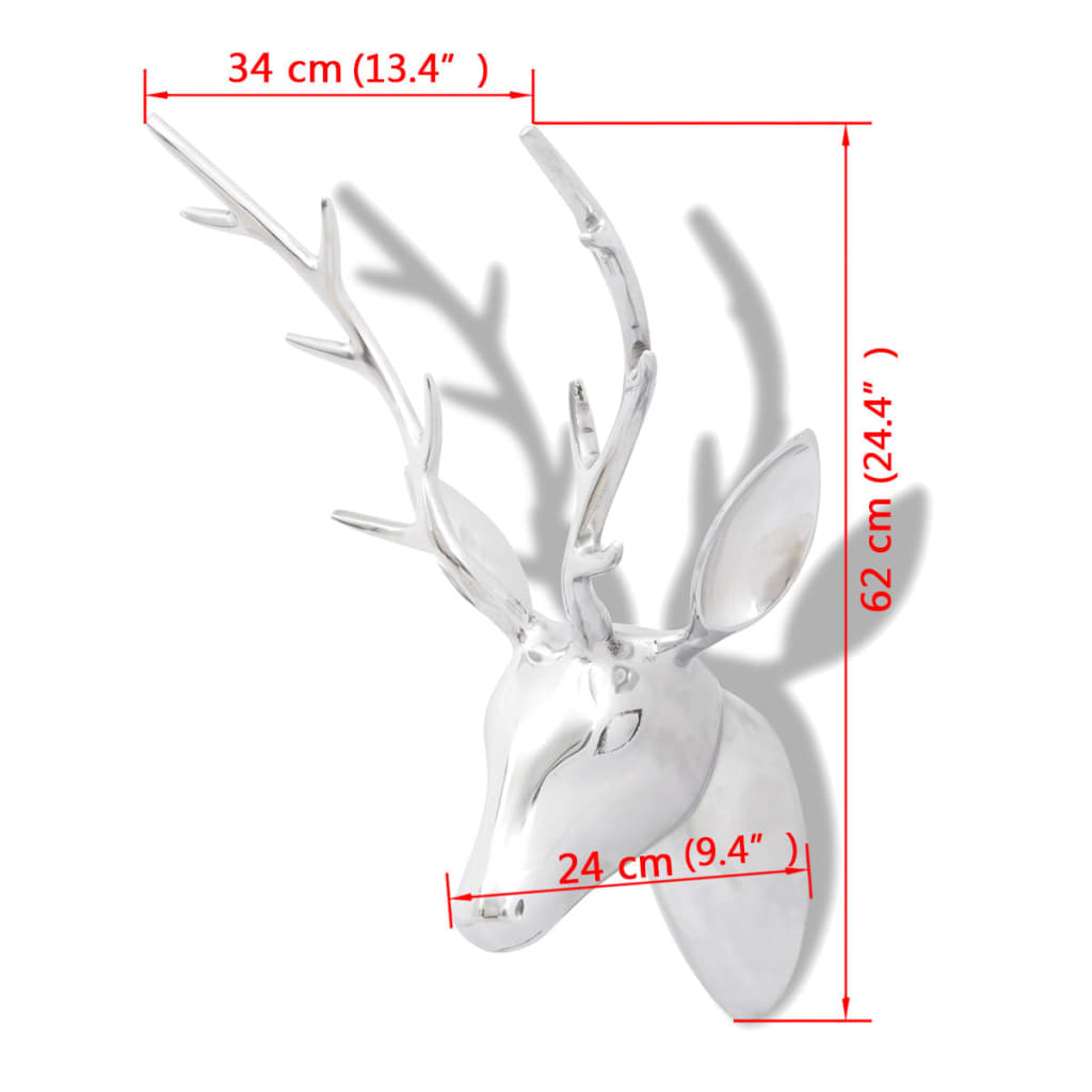 Aluminium Wanddekoration Hirschkopf Hirschgeweih Silber 61 cm