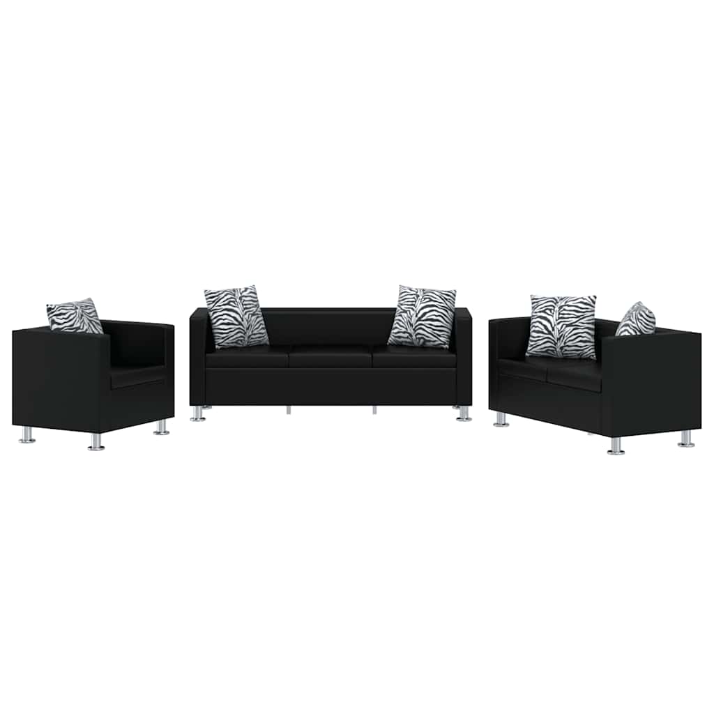 Sofa-Set Kunstleder 3-Sitzer + 2-Sitzer + Sessel Schwarz