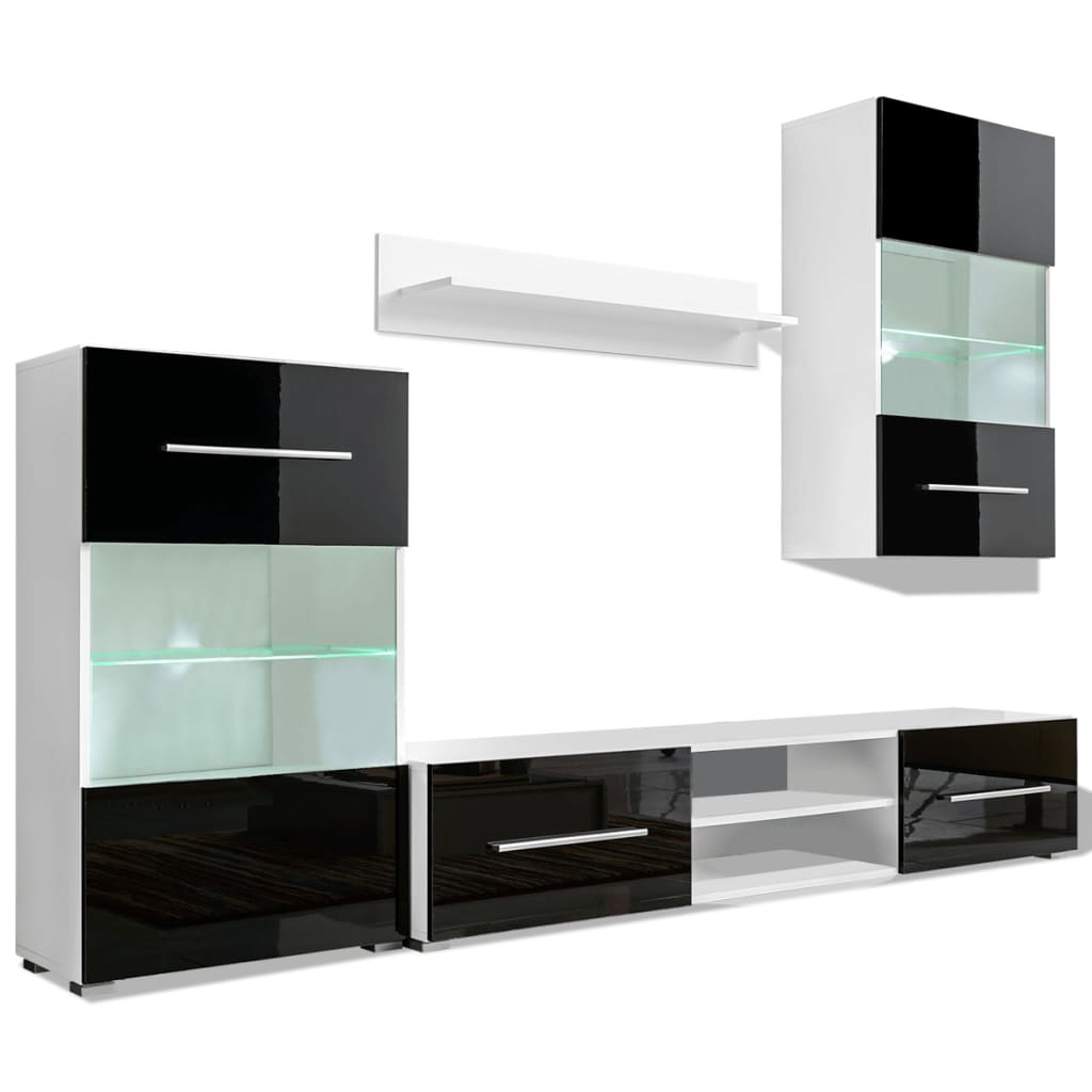 Meuble TV mural 4 pièces avec éclairage LED en noir brillant