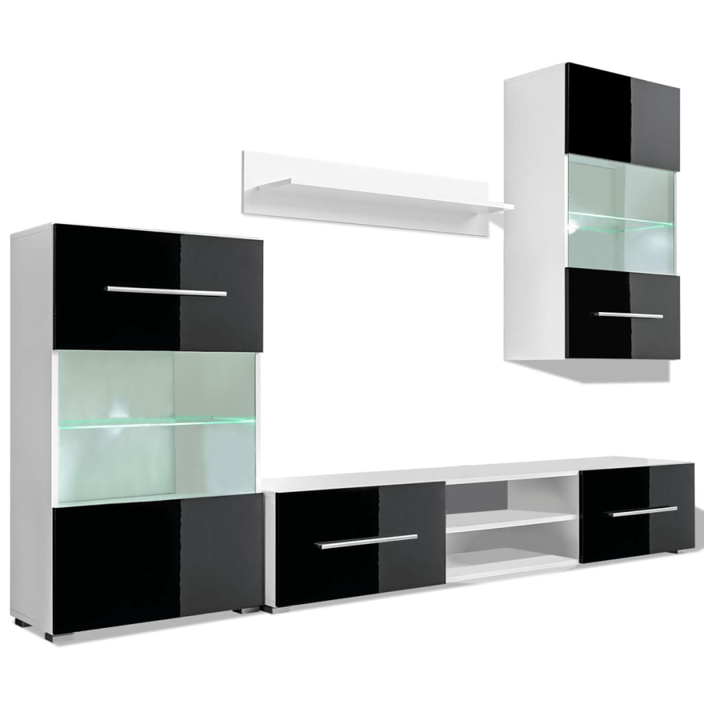 Meuble TV mural 4 pièces avec éclairage LED en noir brillant
