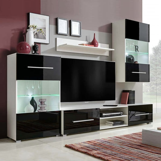Meuble TV mural 4 pièces avec éclairage LED en noir brillant