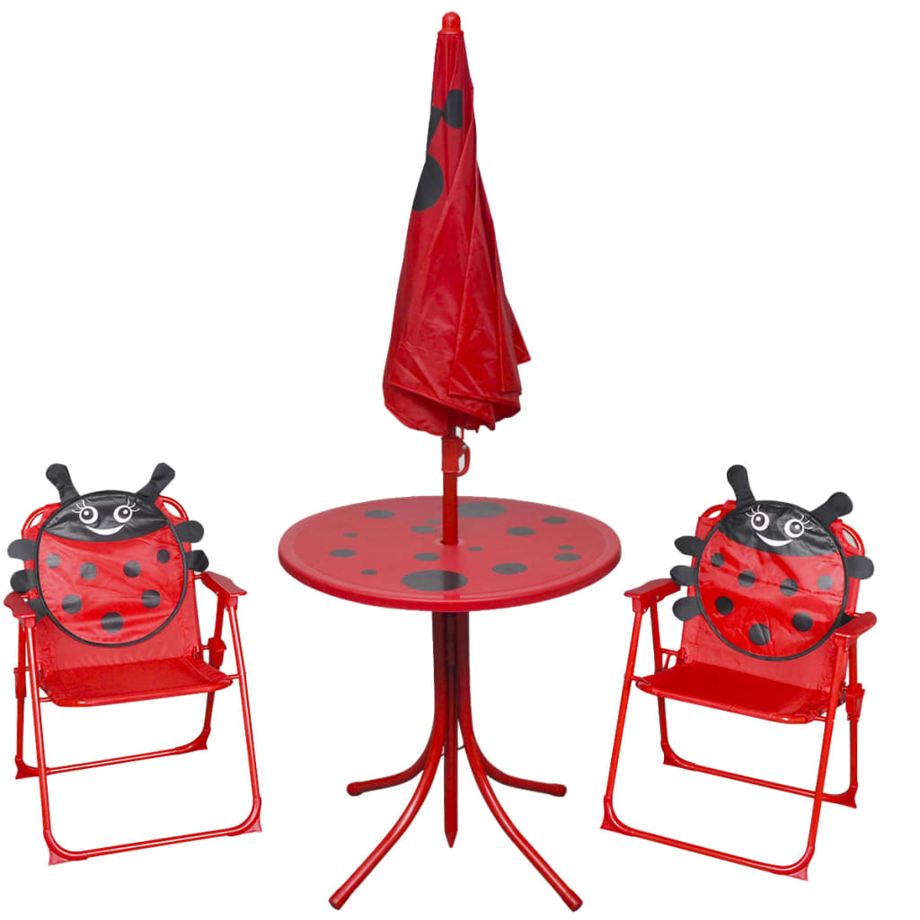 3 pièces. Ensemble bistro de jardin pour enfants avec parasol rouge