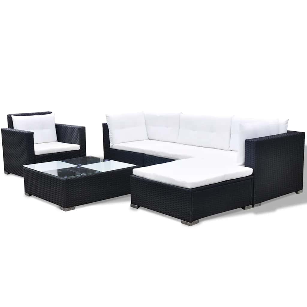 6-tlg. Garten-Lounge-Set mit Auflagen Poly Rattan Schwarz