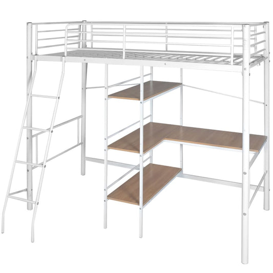 Hochbett mit Schreibtisch Weiß & Braun Metall 90×200 cm