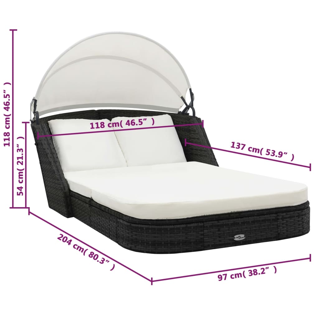 Sonnenliege mit Dach Poly Rattan Schwarz