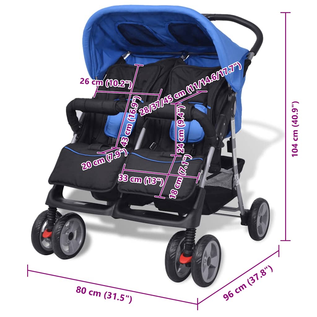 Zwillingskinderwagen Stahl Blau und Schwarz