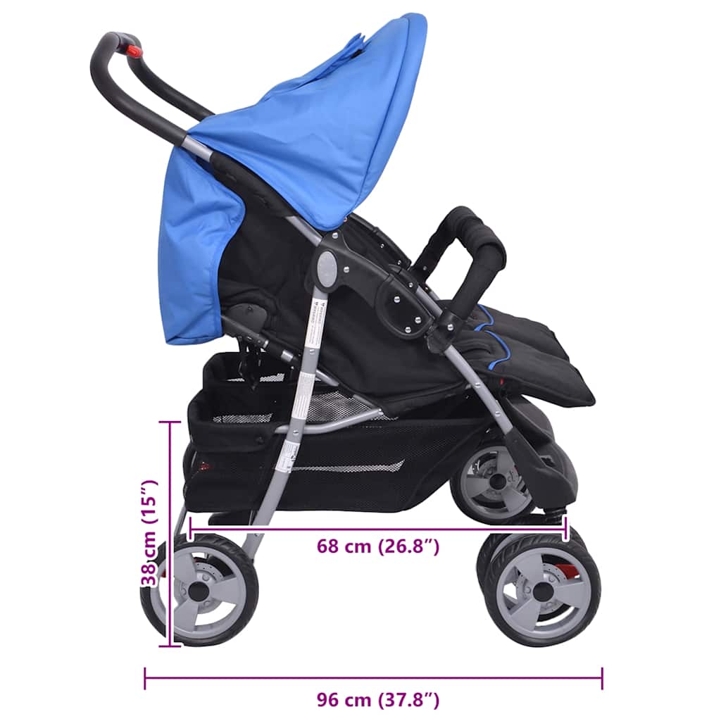 Zwillingskinderwagen Stahl Blau und Schwarz