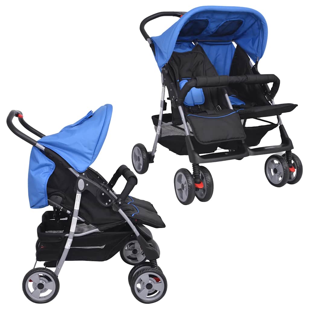 Zwillingskinderwagen Stahl Blau und Schwarz