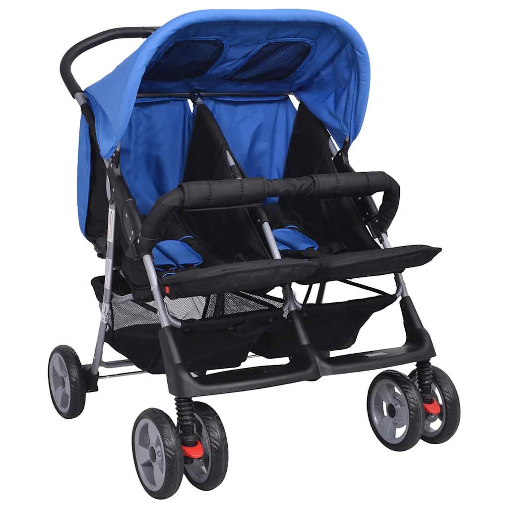 Zwillingskinderwagen Stahl Blau und Schwarz