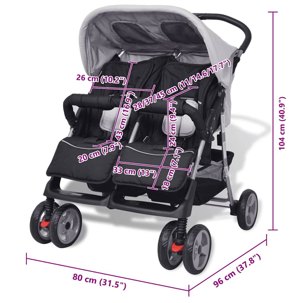 Zwillingskinderwagen Stahl Grau und Schwarz