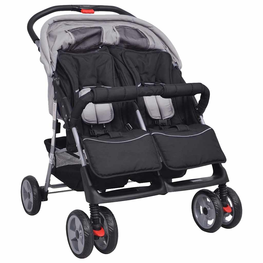 Zwillingskinderwagen Stahl Grau und Schwarz