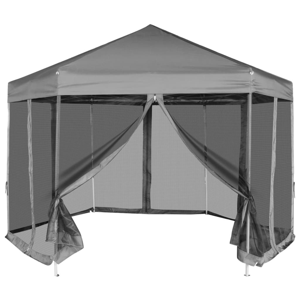 Tente pop-up hexagonale avec 6 parois latérales grise 3,6x3,1 m