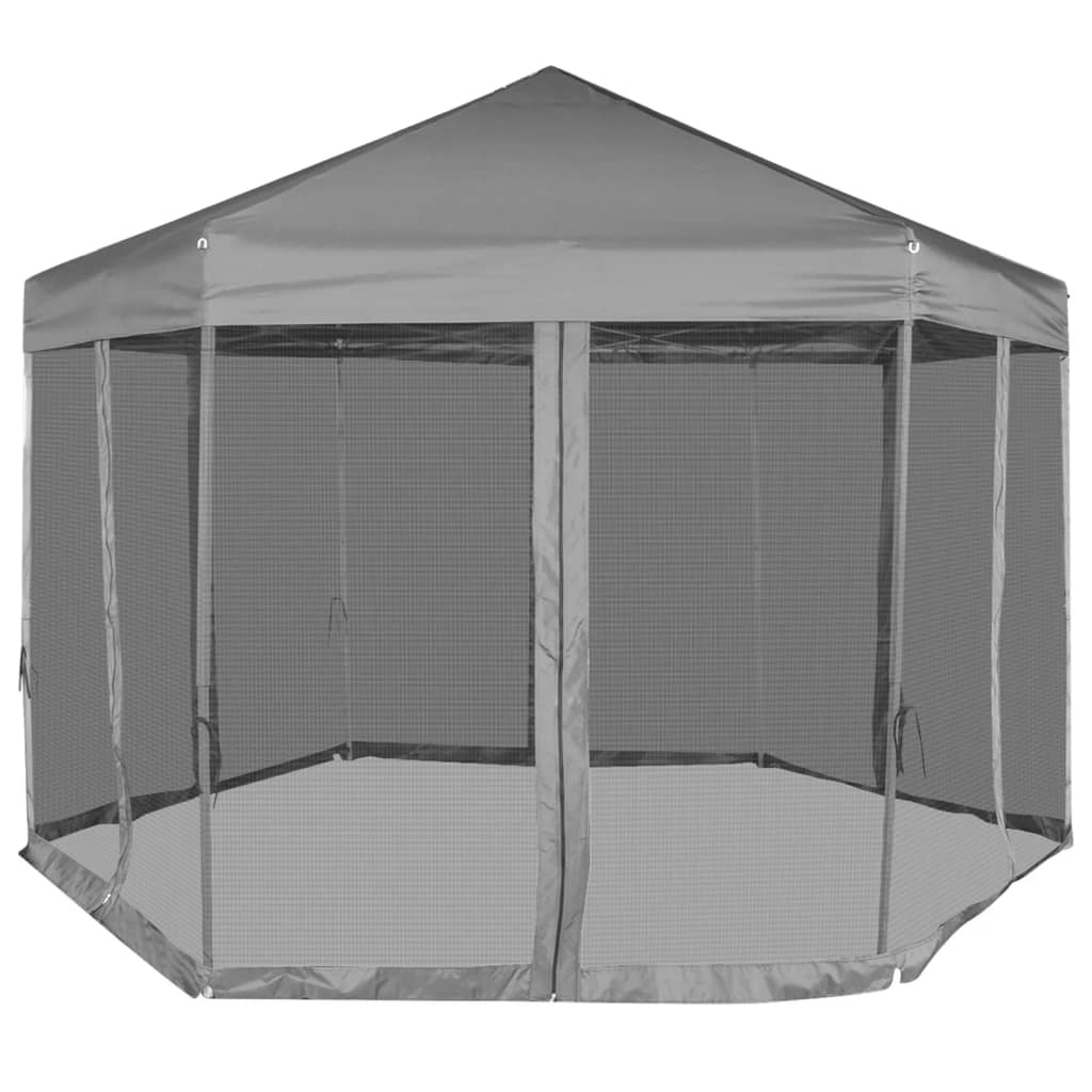 Tente pop-up hexagonale avec 6 parois latérales grise 3,6x3,1 m