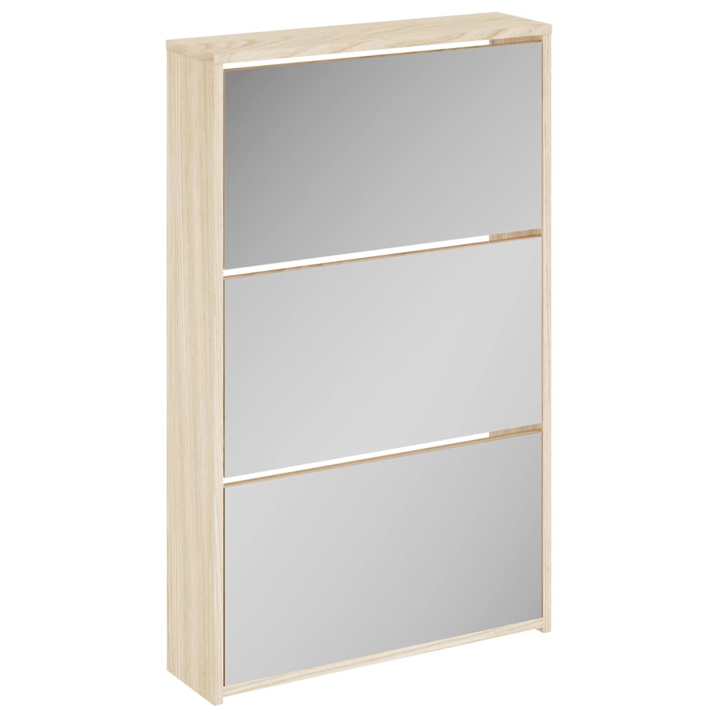 Schuhschrank mit 3 Fächern Spiegel Eiche-Optik 63x17x102,5 cm
