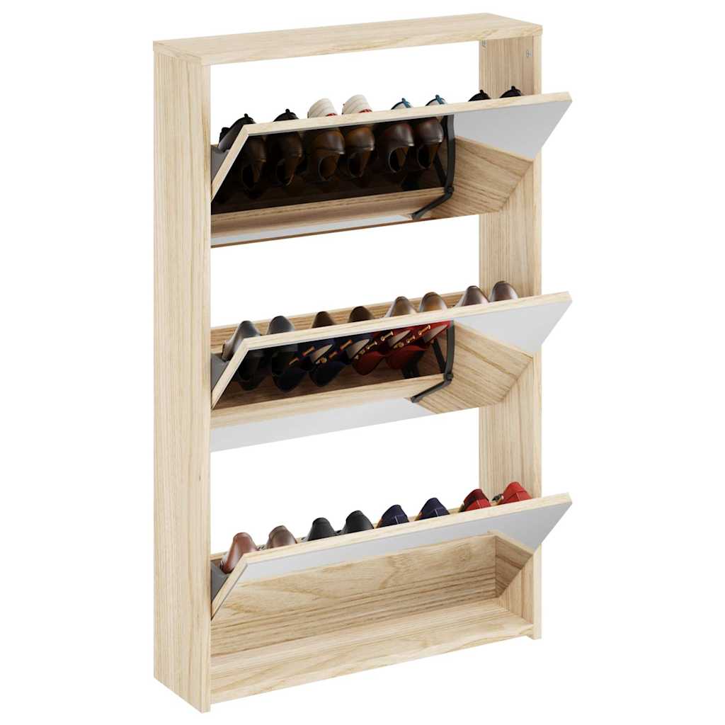 Schuhschrank mit 3 Fächern Spiegel Eiche-Optik 63x17x102,5 cm