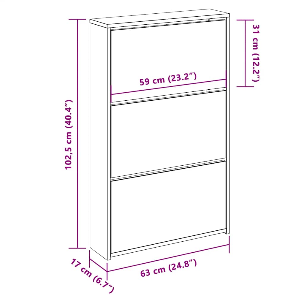 Schuhschrank mit 3 Fächern Spiegel Eiche-Optik 63x17x102,5 cm