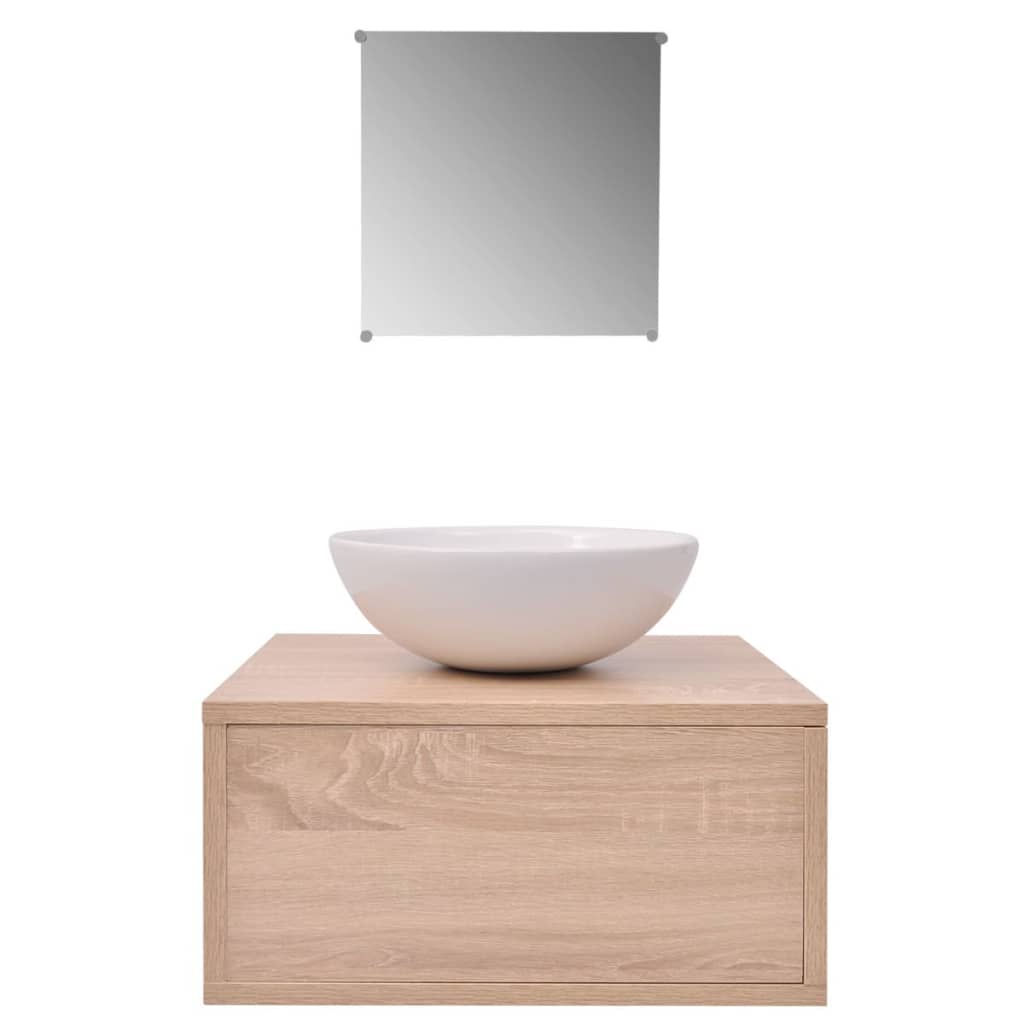 4-tlg. Badmöbel-Set mit Waschbecken und Wasserhahn Beige