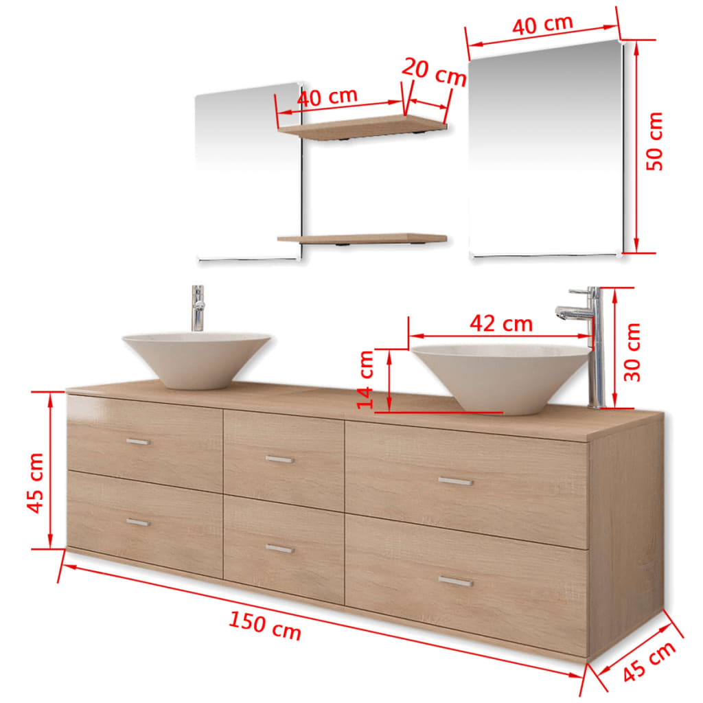 9-tlg. Badmöbel-Set mit Waschbecken und Wasserhahn Beige