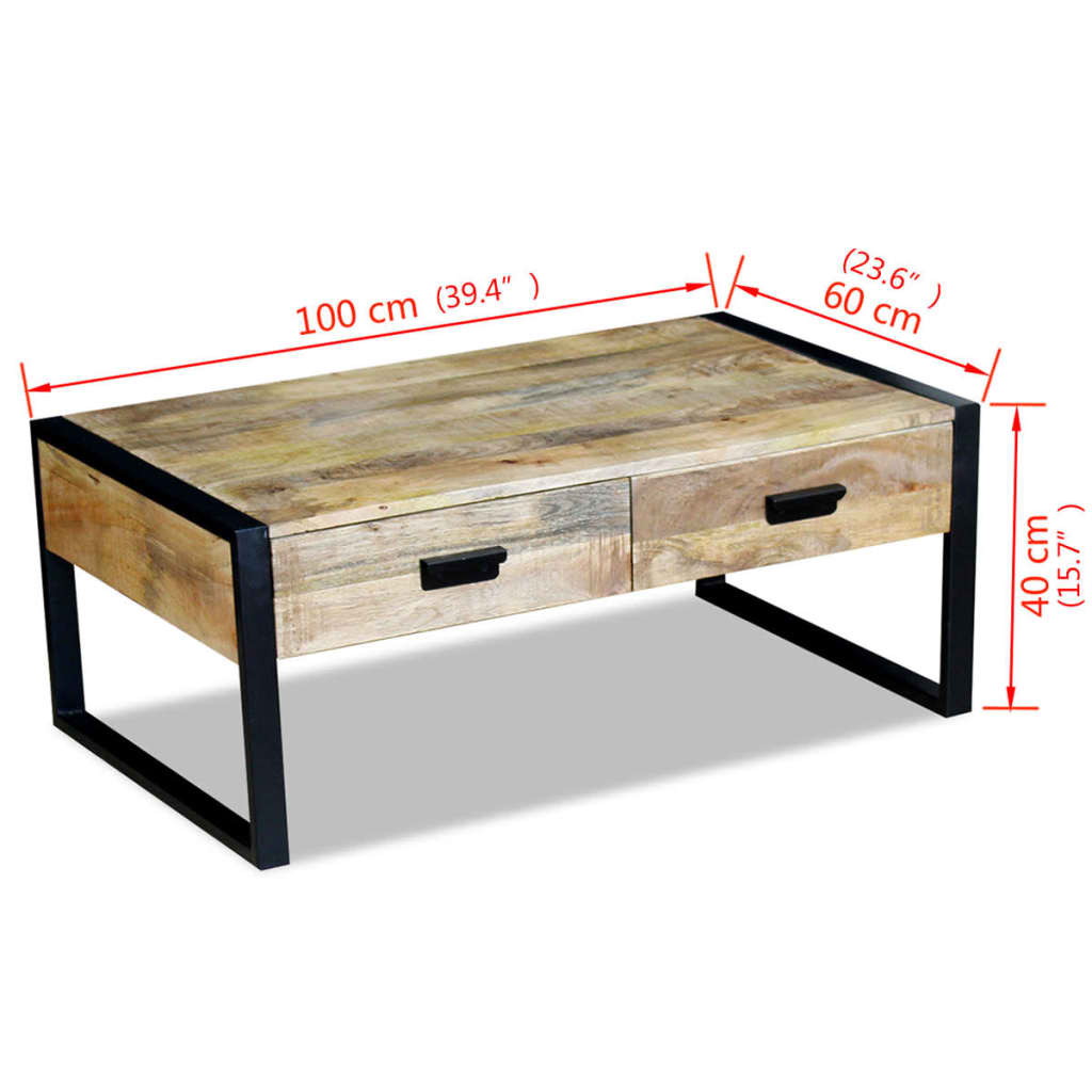 Table basse avec 2 tiroirs, bois de manguier massif, 100x60x40 cm