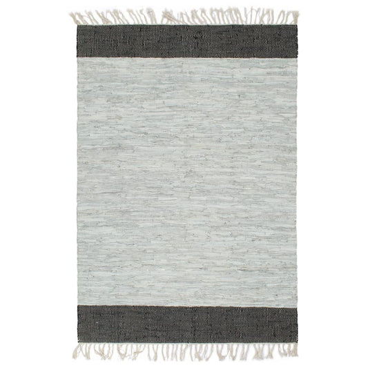 Chindi-Teppich Handgewebt Leder 80x160 cm Hellgrau Schwarz