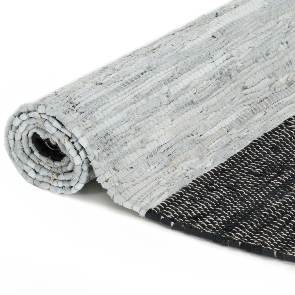 Chindi-Teppich Handgewebt Leder 80x160 cm Hellgrau Schwarz