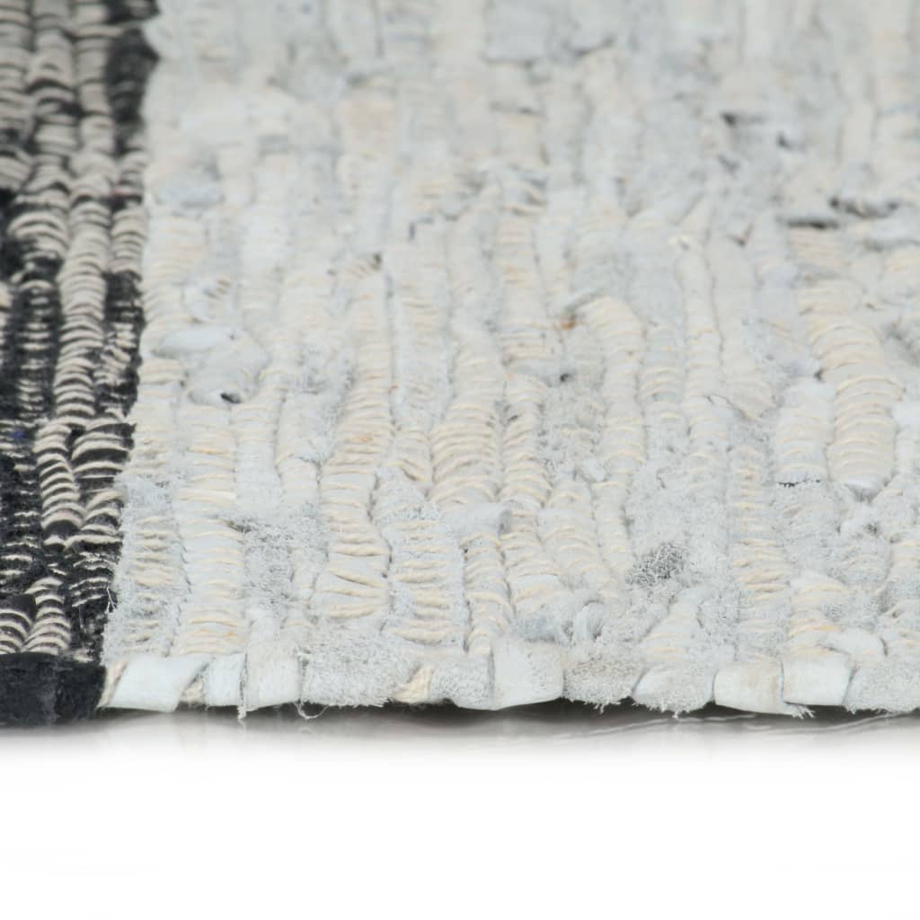 Chindi-Teppich Handgewebt Leder 80x160 cm Hellgrau Schwarz