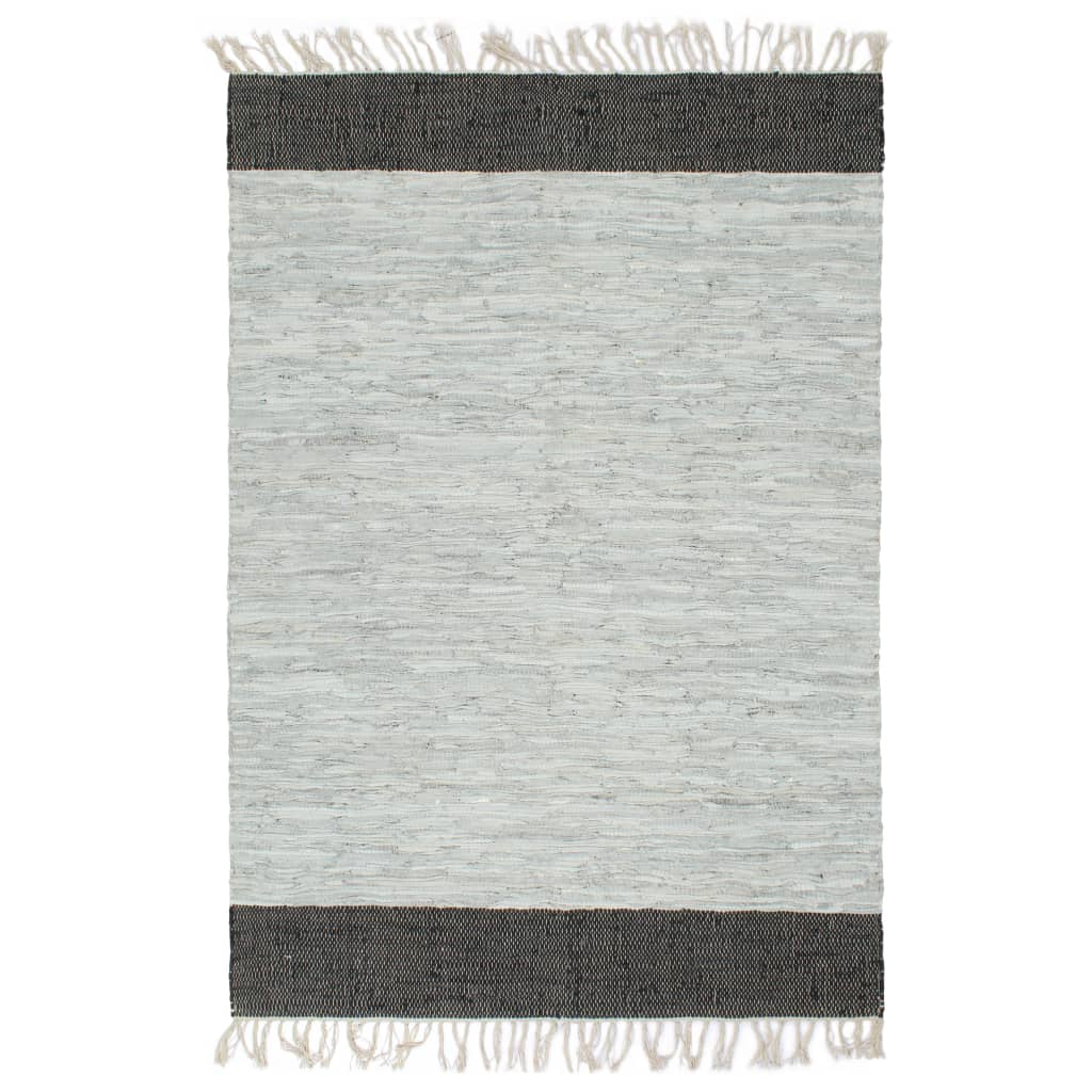 Chindi-Teppich Handgewebt Leder 120x170 cm Hellgrau Schwarz