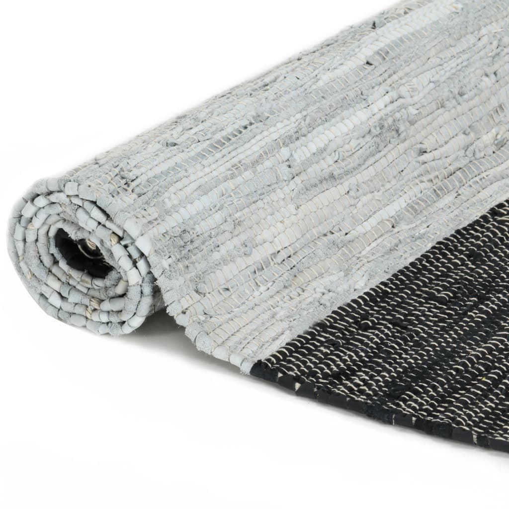 Handgewebter Chindi-Teppich Leder 160x230 cm Hellgrau Schwarz