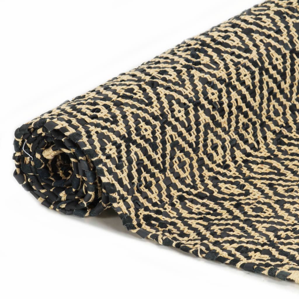Handgewebter Chindi-Teppich Leder Baumwolle 80x160cm Schwarz