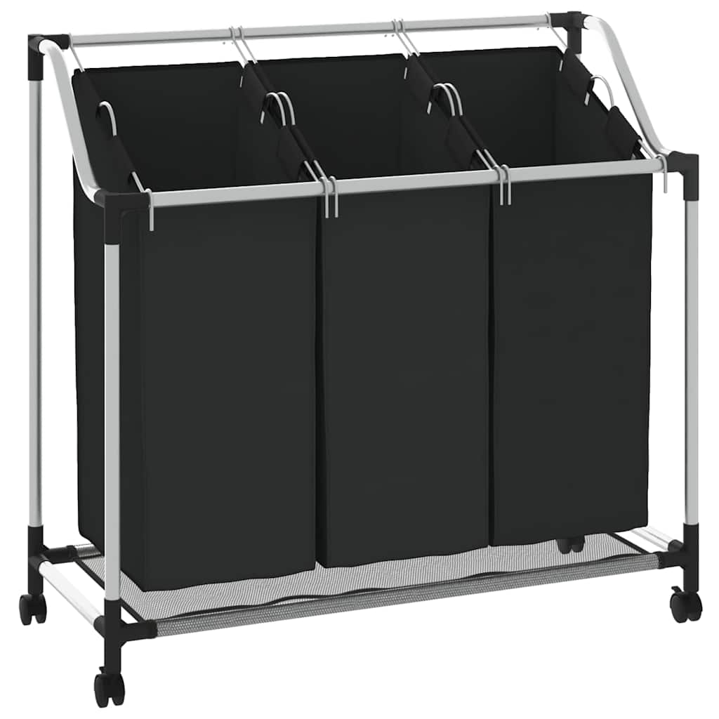 Wäschekorb mit 3 Taschen Schwarz Stahl