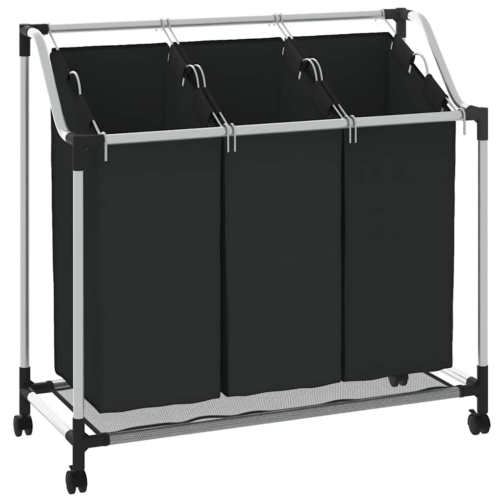 Wäschekorb mit 3 Taschen Schwarz Stahl