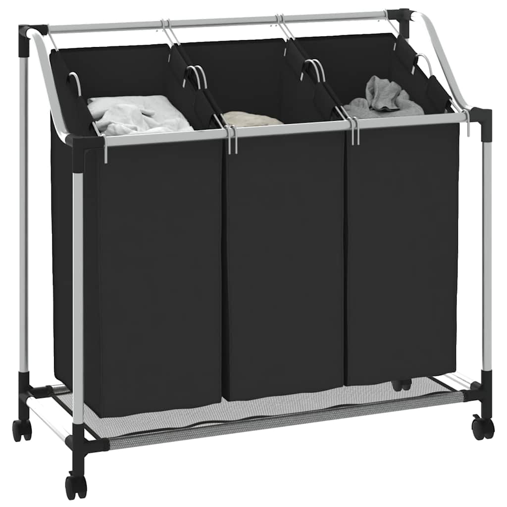 Wäschekorb mit 3 Taschen Schwarz Stahl