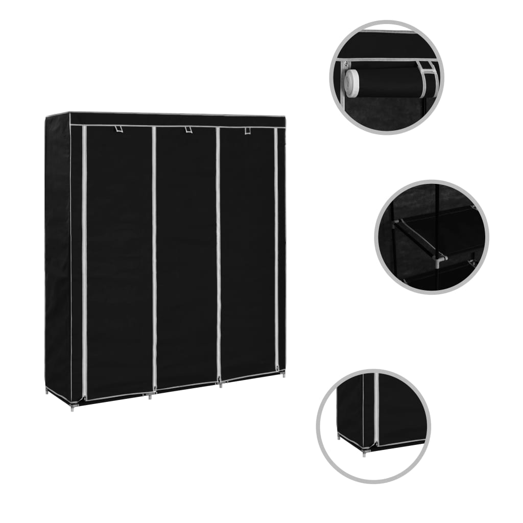 Wardrobe with compartments rods black 150x45x175cm fabric